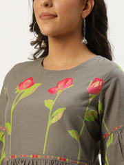Women Grey Floral Printed Round Neck Cotton A-Line Dress