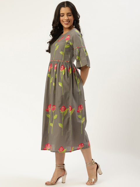 Women Grey Floral Printed Round Neck Cotton A-Line Dress