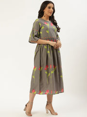 Women Grey Floral Printed Round Neck Cotton A-Line Dress