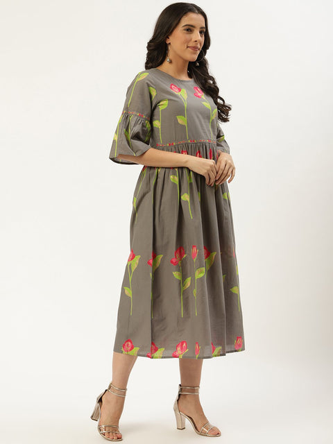 Women Grey Floral Printed Round Neck Cotton A-Line Dress