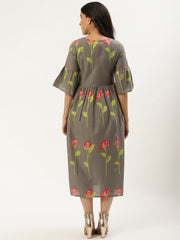 Women Grey Floral Printed Round Neck Cotton A-Line Dress