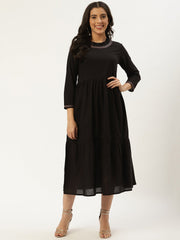 Women Black Solid Solid Round Neck Cotton A-Line Dress