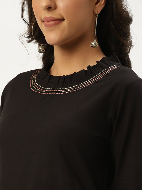 Women Black Solid Solid Round Neck Cotton A-Line Dress