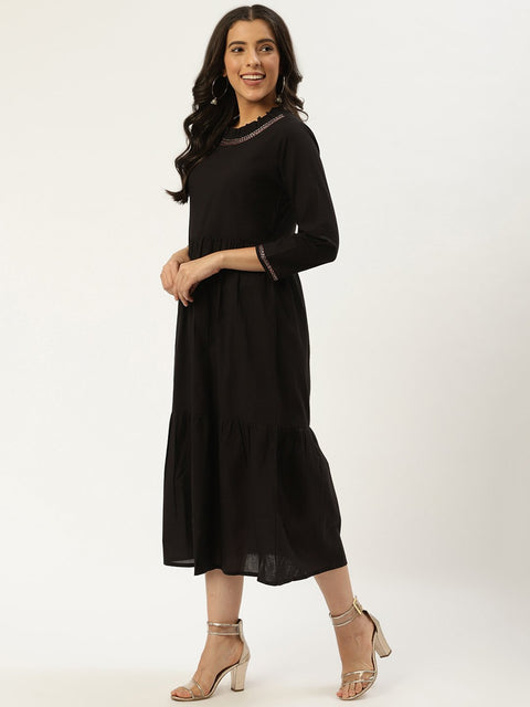 Women Black Solid Solid Round Neck Cotton A-Line Dress