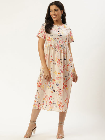 Women Yellow Floral Printed Round Neck Cotton A-Line Dress