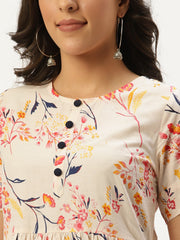 Women Yellow Floral Printed Round Neck Cotton A-Line Dress