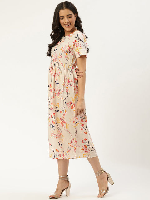 Women Yellow Floral Printed Round Neck Cotton A-Line Dress