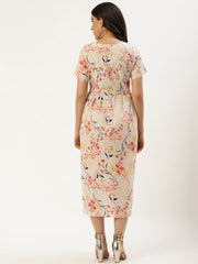 Women Yellow Floral Printed Round Neck Cotton A-Line Dress