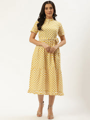 Women White Ethnic Motifs Printed High-neck Cotton A-Line Dress