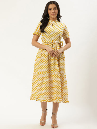 Women White Ethnic Motifs Printed High-neck Cotton A-Line Dress