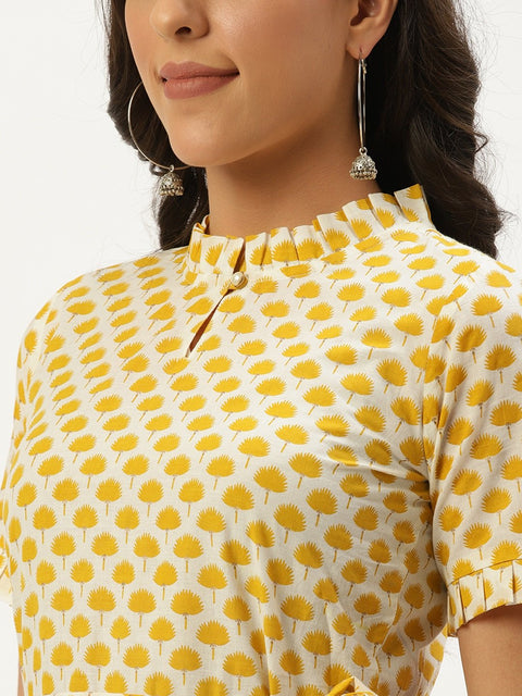 Women White Ethnic Motifs Printed High-neck Cotton A-Line Dress