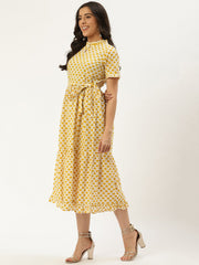 Women White Ethnic Motifs Printed High-neck Cotton A-Line Dress