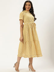 Women White Ethnic Motifs Printed High-neck Cotton A-Line Dress