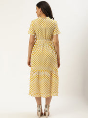 Women White Ethnic Motifs Printed High-neck Cotton A-Line Dress