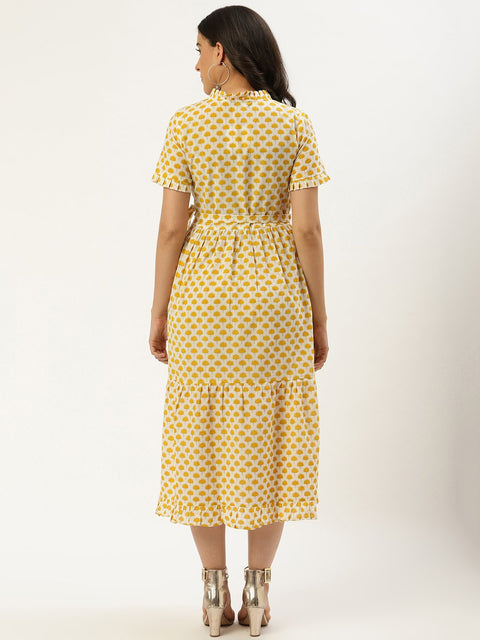 Women White Ethnic Motifs Printed High-neck Cotton A-Line Dress