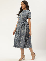 Women Blue Ethnic Motifs Printed High-neck Cotton A-Line Dress