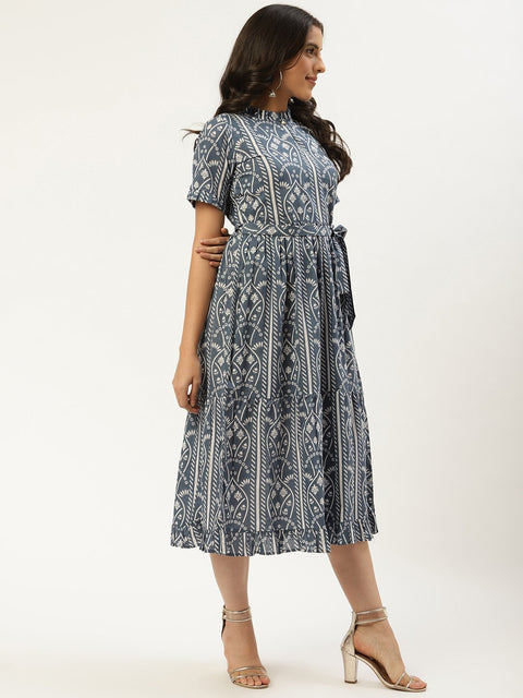 Women Blue Ethnic Motifs Printed High-neck Cotton A-Line Dress