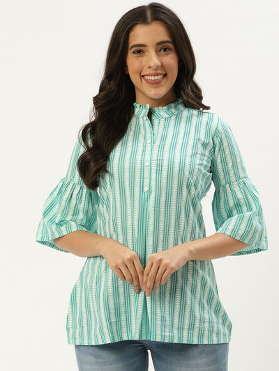 Women Aqua Green Three-Quarter Sleeves Gathered or Pleated Top