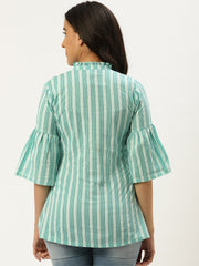Women Aqua Green Three-Quarter Sleeves Gathered or Pleated Top