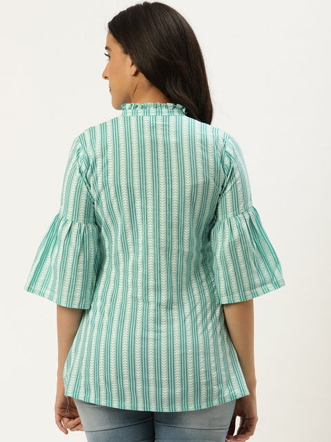 Women Aqua Green Three-Quarter Sleeves Gathered or Pleated Top
