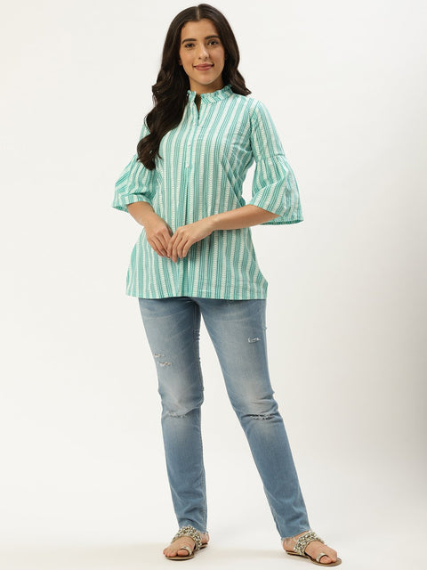 Women Aqua Green Three-Quarter Sleeves Gathered or Pleated Top
