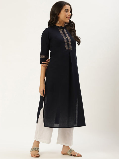 Women Navy Blue Calf Length Three-Quarter Sleeves Straight Solid Cotton Kurta