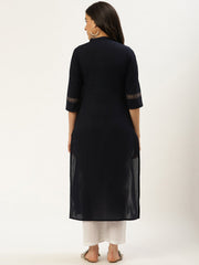Women Navy Blue Calf Length Three-Quarter Sleeves Straight Solid Cotton Kurta