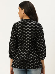 Women Black Three-Quarter Sleeves Gathered or Pleated Top