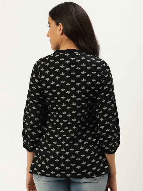 Women Black Three-Quarter Sleeves Gathered or Pleated Top