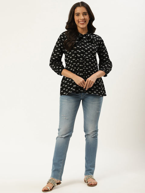 Women Black Three-Quarter Sleeves Gathered or Pleated Top