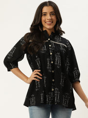 Women Black Three-Quarter Sleeves Gathered or Pleated Top