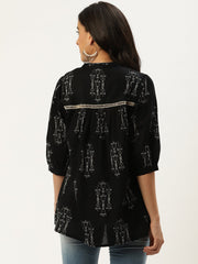 Women Black Three-Quarter Sleeves Gathered or Pleated Top