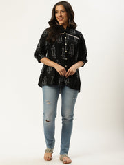 Women Black Three-Quarter Sleeves Gathered or Pleated Top