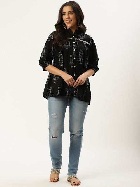 Women Black Three-Quarter Sleeves Gathered or Pleated Top