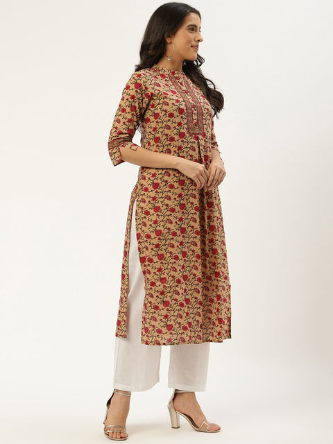Women Beige Calf Length Three-Quarter Sleeves Straight Floral Cotton Kurta