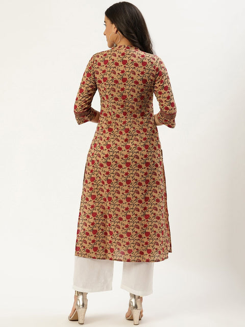 Women Beige Calf Length Three-Quarter Sleeves Straight Floral Cotton Kurta