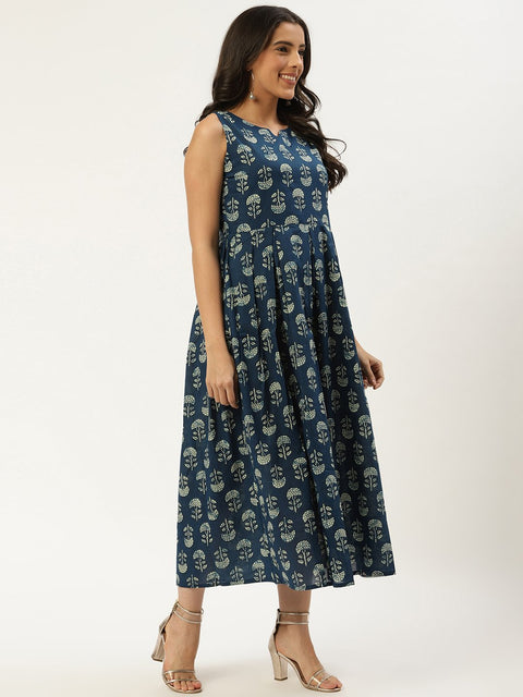 Women Indigo Blue Floral Printed V-Neck Cotton A-Line Dress