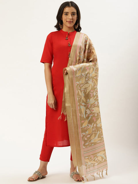 Women Red Three-Quarter Sleeves Straight Kurta and Trouser Pant set