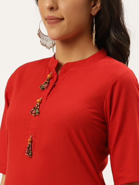 Women Red Three-Quarter Sleeves Straight Kurta and Trouser Pant set
