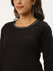 Women Black Three-Quarter Sleeves Straight Kurta and Trouser Pant set