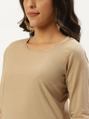 Women Beige Three-Quarter Sleeves Straight Kurta and Trouser Pant set