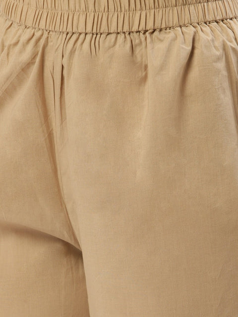 Women Beige Three-Quarter Sleeves Straight Kurta and Trouser Pant set