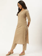 Women Beige Three-Quarter Sleeves Straight Kurta and Trouser Pant set