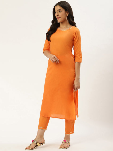 Women Rust Orange Three-Quarter Sleeves Straight Kurta and Trouser Pant set