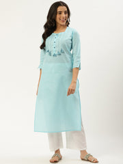 Women Light Blue Calf Length Three-Quarter Sleeves Straight Solid Cotton Kurta