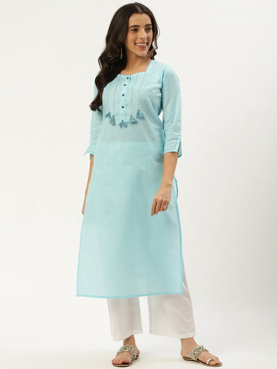 Women Light Blue Calf Length Three-Quarter Sleeves Straight Solid Cotton Kurta