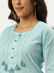 Women Light Blue Calf Length Three-Quarter Sleeves Straight Solid Cotton Kurta
