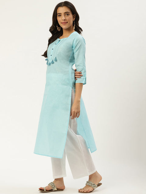 Women Light Blue Calf Length Three-Quarter Sleeves Straight Solid Cotton Kurta
