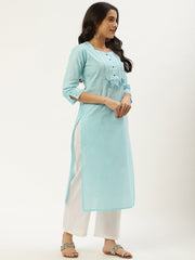 Women Light Blue Calf Length Three-Quarter Sleeves Straight Solid Cotton Kurta