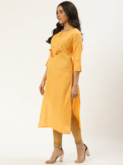 Women Yellow Calf Length Three-Quarter Sleeves Straight Solid Cotton Kurta